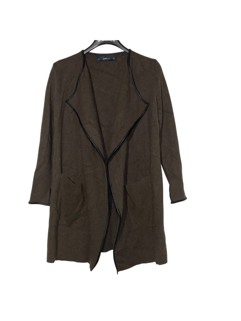 Zara Knit Open Waterfall Long Faux Leather Trim Pocket Cardigan Sweater Sz MED